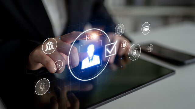 Digital KYC verification with biometric scan, ID authentication, and financial security icons representing identity verification, secure onboarding, fraud prevention, and compliance Latch - Powered by Adobe