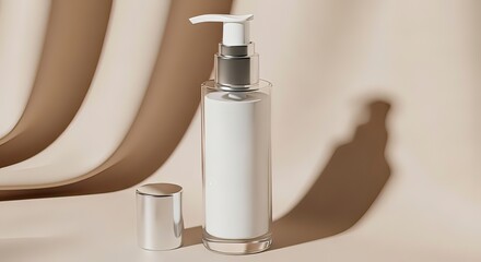 Clear bottle with pump dispenser and silver cap, with soft shadows and curved elements against a beige background.