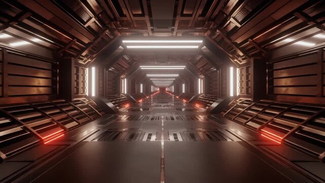 Realistic 3D rendering of a futuristic, dark metallic corridor with glowing red lights, creating an immersive sci-fi tunnel experience leading into the unknown