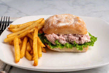 spam salad  sandwich  with french fries