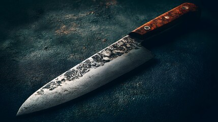 Hand forged rustic chef knife with a textured blade and wooden handle on a dark surface.
