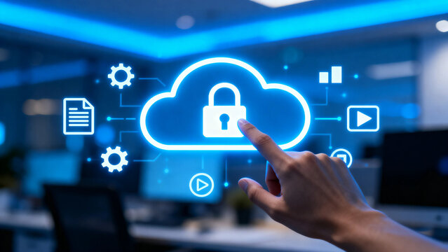 Hand interacting with a digital cloud security interface featuring a lock symbol and data icons in a modern office setting