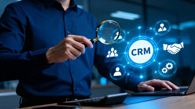 Business professional analyzing CRM system with digital interface and magnifying glass