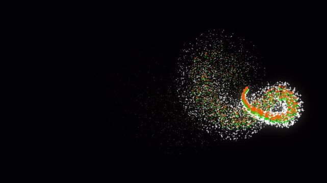 Indian tricolour particle trail animation, orange white green swirl burst, patriotic particle stream effect, India flag colour swirl motion, festive tricolour dust trail on black background. 4K