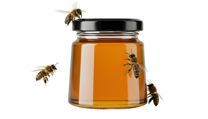 Golden honey jar surrounded by buzzing bees, a taste of summer sweetness and natural goodness for your projects, perfect for food packaging and healthy lifestyle content.