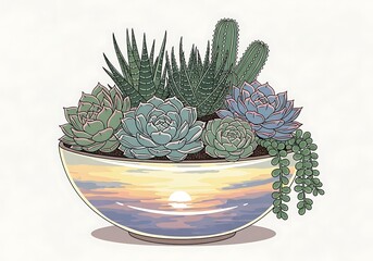 Succulent Arrangement with Sunset Reflection Artwork Decorative Print