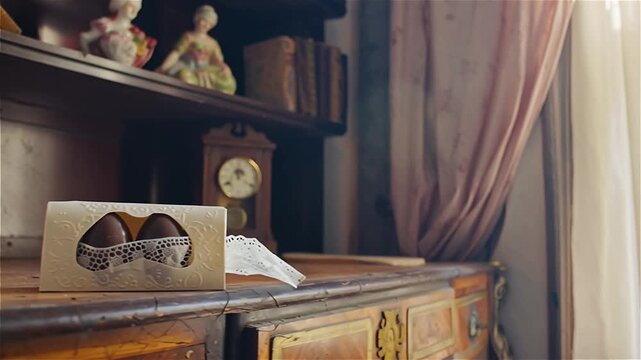 Chocolate Easter eggs in retro packaging with embossed paper and lace, displayed on shelf in an antique shop. Vintage charm and nostalgia perfect for heritage branding, holiday campaigns