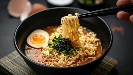 A Bowl of Culinary Delight: A close-up shot of a steaming bowl of ramen, capturing the essence of comfort food. The chopsticks lift a portion of noodles.