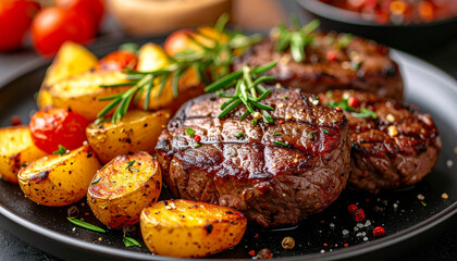 Delicious steak medallions with roasted vegetables and golden potatoes, juicy and tasty food.
