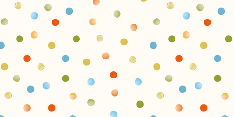 Colorful seamless polka dot pattern with hand drawn watercolor circles. Playful multicolored dots create a funky abstract background for kids’ designs, wrapping paper, fabric prints,Y2K-style illustra