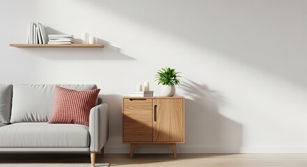 Bright living room interior featuring a gray sofa with a pink pillow, a wooden cabinet with a plant, and a shelf with books against a white wall.