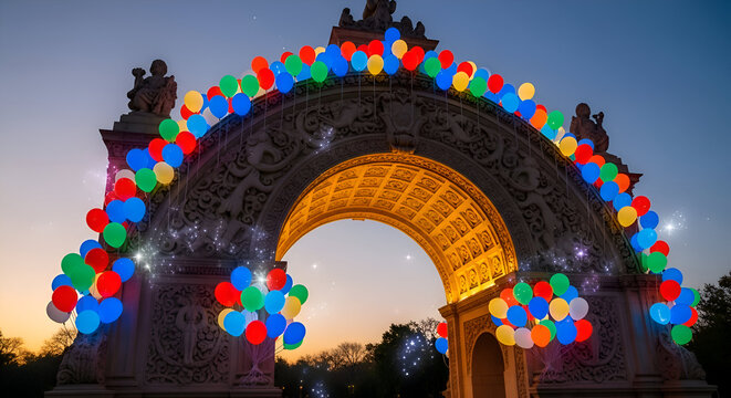 Illuminated arc de triomphe adorned with colorful balloons and festive lights creating a magical evening spectacle in paris france - Powered by Adobe