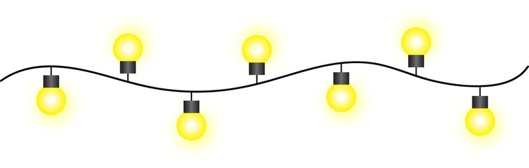 Vector graphic of six large, glowing yellow string lights alternating above and below a wavy black cable, excellent for celebration banners, festive borders, and party invitation designs