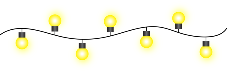 Vector graphic of six large, glowing yellow string lights alternating above and below a wavy black cable, excellent for celebration banners, festive borders, and party invitation designs