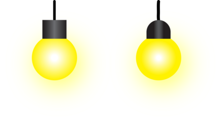Vector illustration featuring two brightly glowing yellow light bulbs hanging on separate wires, perfect for illumination concepts, simple decorative elements, and idea representation graphics