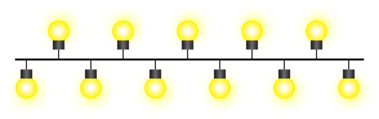 Vector graphic of ten brightly glowing yellow string lights alternating above and below a straight cable, perfect for celebration borders, festive party banners, and decorative event illumination