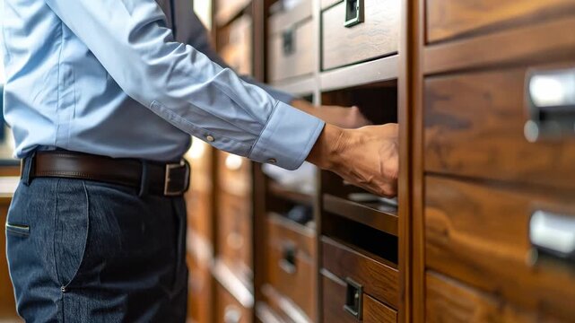 Archival Documents Retrieval - Man Accessing Filing Cabinet for Records.