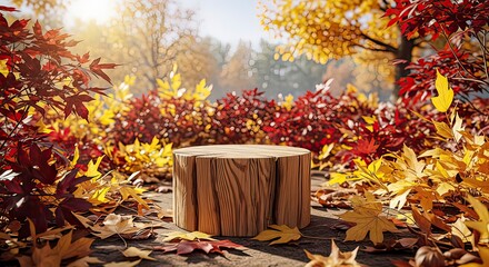 Autumn scene featuring a wooden pedestal surrounded by colorful fall foliage, with trees and sunlight in the background.
