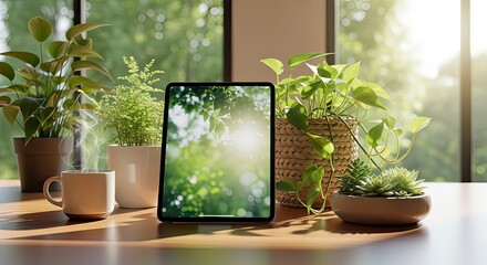 A tablet displays a nature scene, surrounded by potted plants and a cup of coffee on a wooden table near a window with a green view.