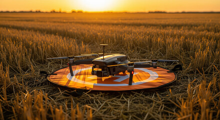 Professional drone on an orange landing pad in a harvested field at sunset ready to fly