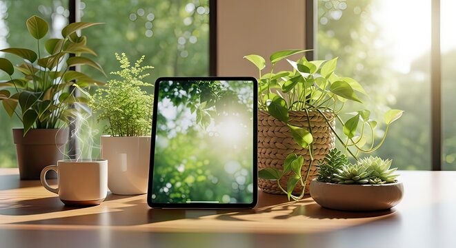 A tablet displays a nature scene, surrounded by potted plants and a cup of coffee on a wooden table near a window with a green view.