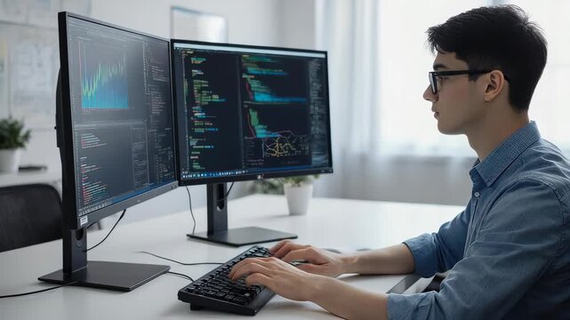 Young Programmer Coding on Dual Monitors, Focused and Working