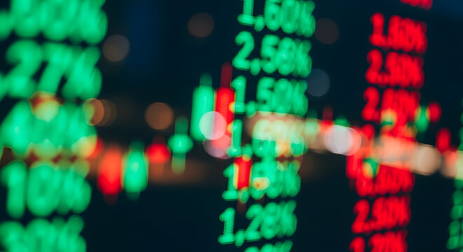 Dynamic Stock Market Data with Green and Red Figures and Bokeh Effect, Representing Financial Trends and Investment Strategy