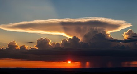 Dramatic Sunset Over Horizon with Towering Anvil Cloud and Rain Streaks