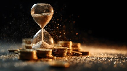 Hourglass with flowing sand surrounded by stacks of gold coins representing the time is money concept.