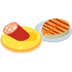 Isometric illustration of a grilled salmon steak and a slice of sausage on a yellow base with a white background