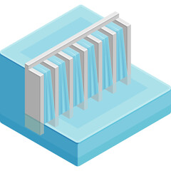 Isometric illustration of a hydroelectric dam with flowing water and blue reservoir on a transparent background