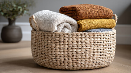 Woven basket with neatly rolled colorful towels.