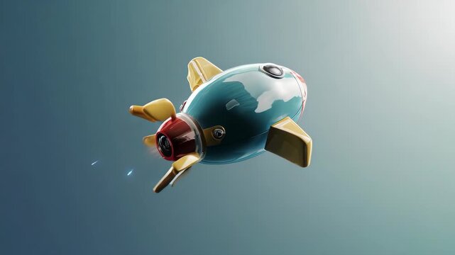 A colorful toy rocket in flight