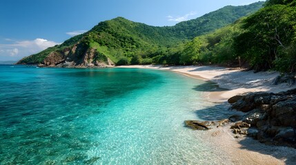 Obraz premium Idyllic tropical paradise beach with turquoise water and lush green hills.