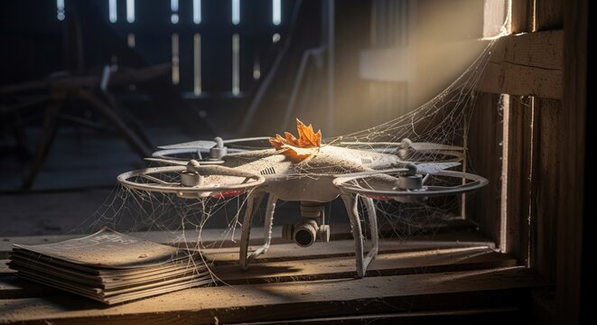 Abandoned white drone covered in spiderweb and dust sitting on wooden floor in dark attic