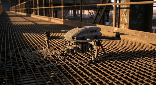 Professional dusty drone with camera sitting on rusty metal grate at industrial factory