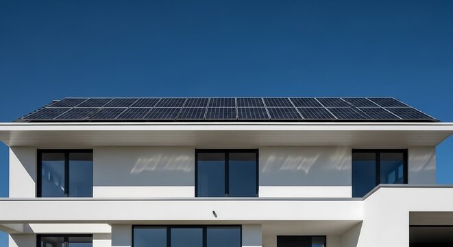 White house with high-efficiency solar panels, low-angle eco-architecture photography for clean-energy advertising
