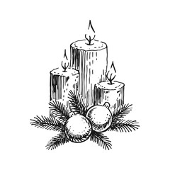 Holiday three candles and  pine branches, christmas baubles for festive decorations.