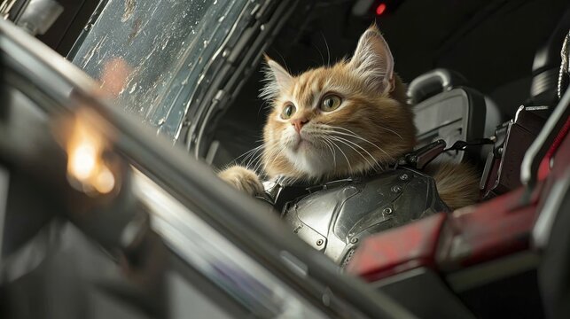 A cat wearing a harness sits inside a futuristic vehicle, gazing intently through the window.