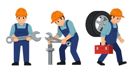 Mechanics with tools, tire and toolbox in a set of cartoon illustrations for repair services and auto shop themes