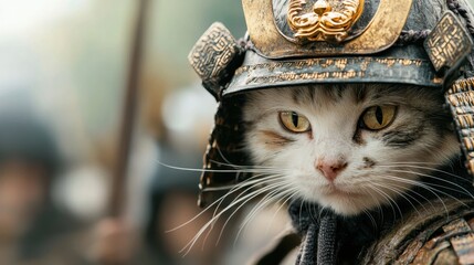 A cat wearing a detailed samurai helmet looks forward with intensity, blending feline grace with warrior spirit.