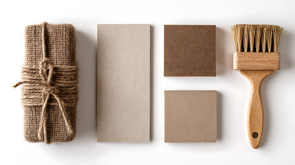 Rustic burlap wrapped object with twine and wooden handled brush with paper samples image