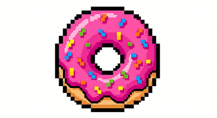 Retro Pixel Art Donut Icon with Pink Glaze and Colorful Sprinkles on White