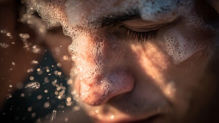 Intimate close up of a persons face covered in soap foam and water droplets.