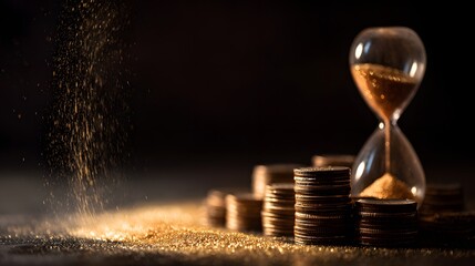 Investment growth over time symbolized by an hourglass and increasing coin stacks.