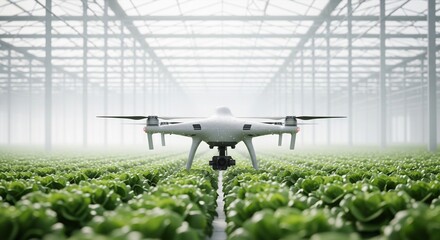 White drone flying over green lettuce plants in modern industrial greenhouse for smart farming