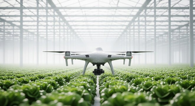 White drone flying over green lettuce plants in modern industrial greenhouse for smart farming