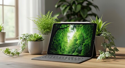 A tablet displays a lush green forest scene, surrounded by various potted plants on a wooden surface near a window.