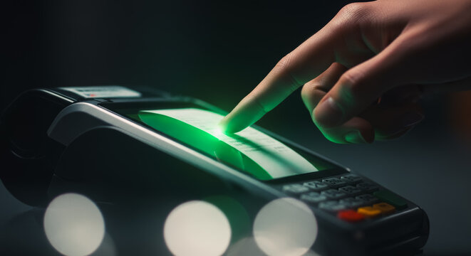 A finger interacts with a payment terminal, indicating a successful transaction in a photorealistic image.
