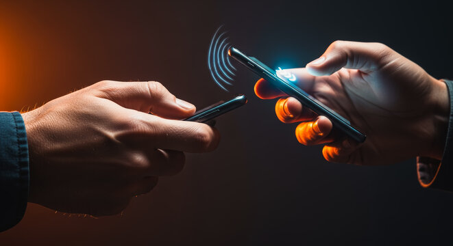 A close-up shot capturing a contactless mobile payment process between two individuals, highlighting the innovative use of technology. - Powered by Adobe